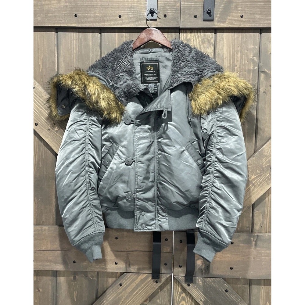 Alpha Industries N-2B Flight Jacket Hooded Fur Trim VTG Green Bomber Coat Medium